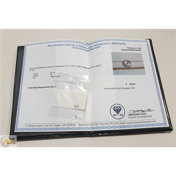 CERTIFIED .10 CARAT DIAMOND FROM GEM LAB