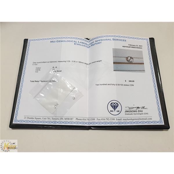 CERTIFIED .12 CARAT DIAMOND FROM GEM LAB