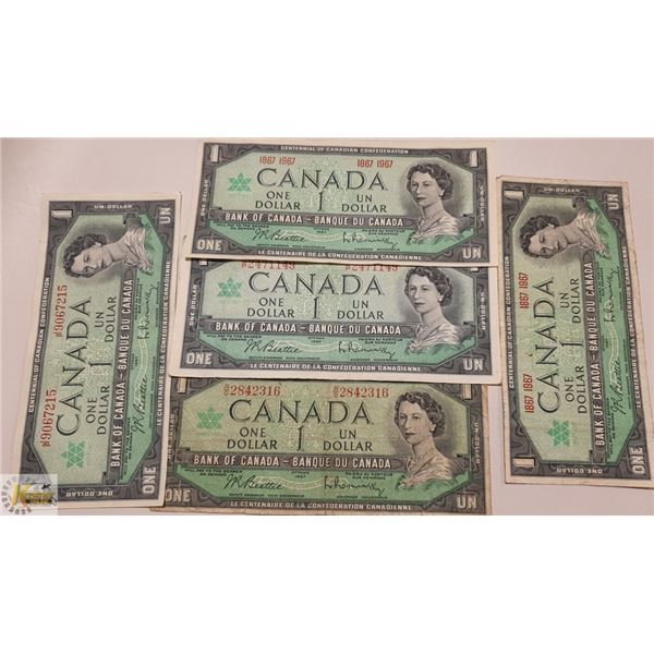 5 X 1967 $ 1 CANADIAN DOLLAR CENTENIAL BILLS