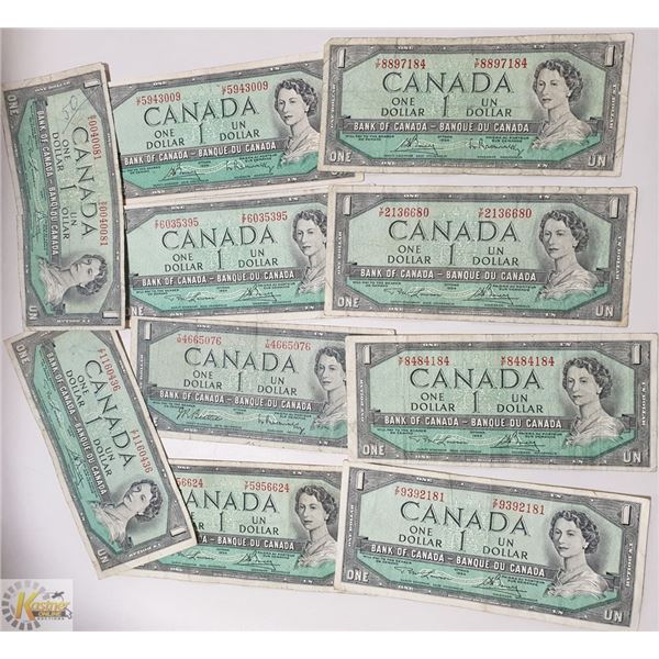 10 X 1954 CANADIAN $ 1 DOLLAR BILLS
