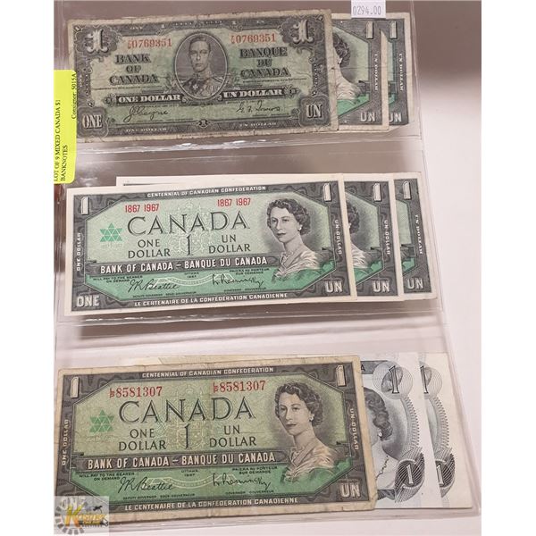 LOT OF 9 MIXED CANADA $1 BANKNOTES