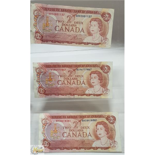 LOT OF 3 1974 CANADA $2 BANKNOTES