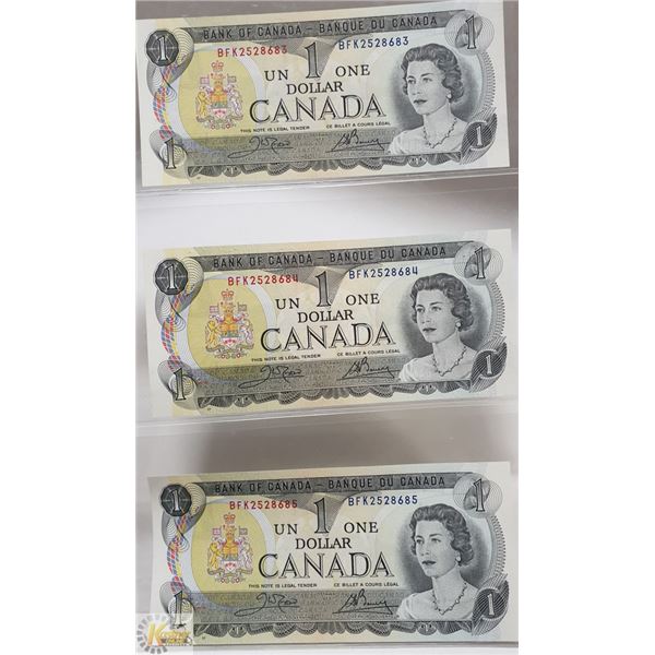 3 SEQUENTIAL 1973 CANADA $1 BILLS