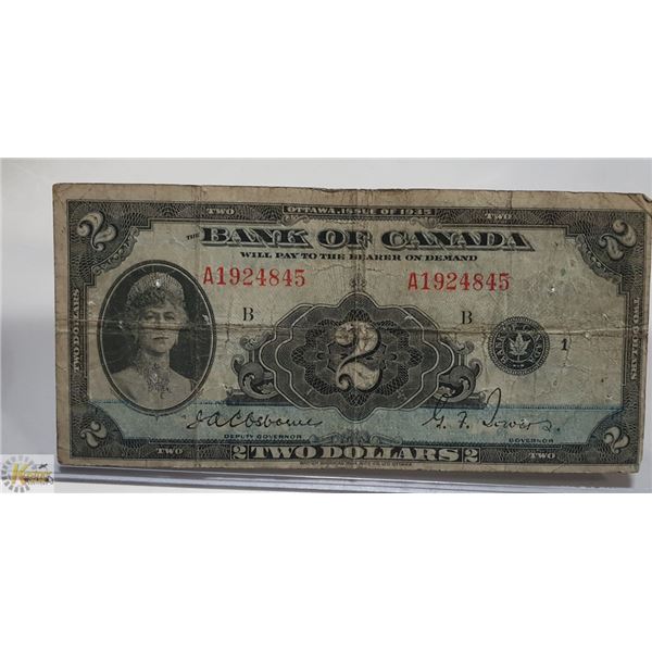 1935 CANADIAN $2 BILL IN PROTECTIVE HARD SLEEVE