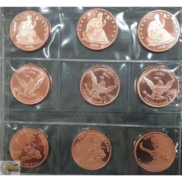 USA .999 PURE 1 OZ. CAMEO COPPER COINS,