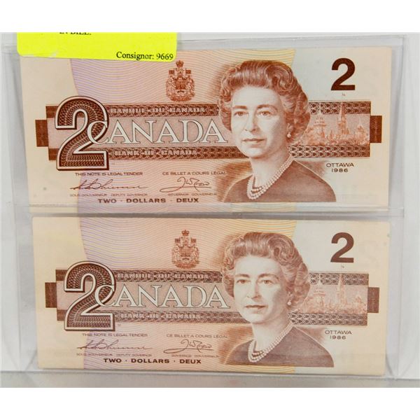LOT OF 2 CANADIAN 1986  $2 BILLS