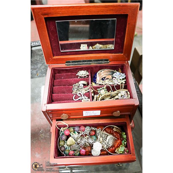 WOODEN JEWELLERY CHEST & CONTENTS