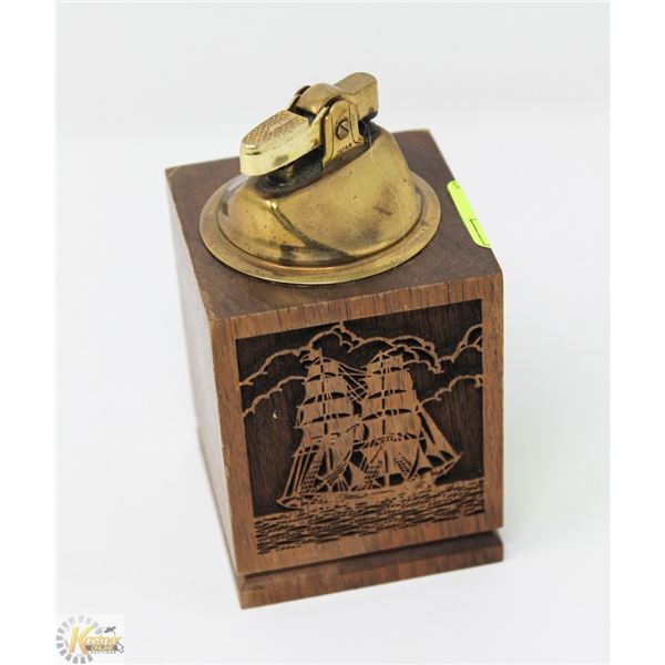 UNIQUE LIGHTER WOOD CARVED BASE WITH SAIL SHIP