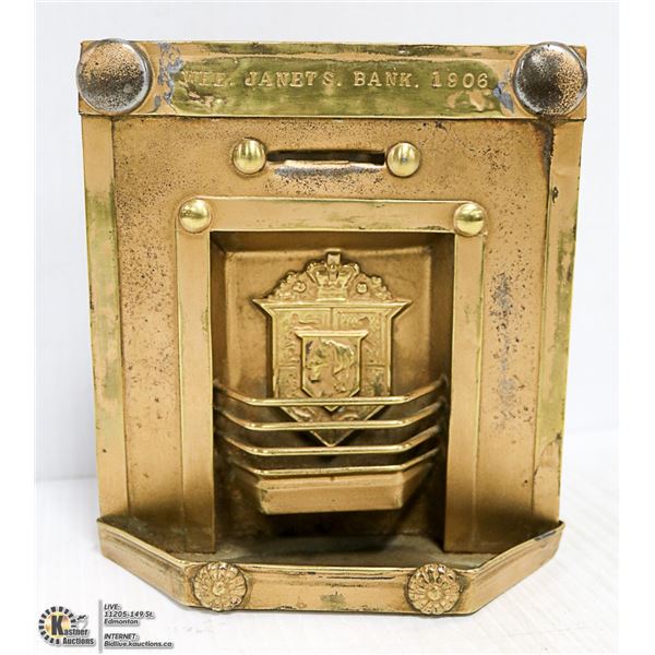 ANTIQUE METAL COIN BANK STAMPED 1906