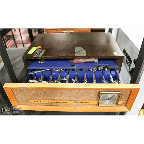 VINTAGE CUTLERY CHEST WITH CLOCK FRONT, WITH