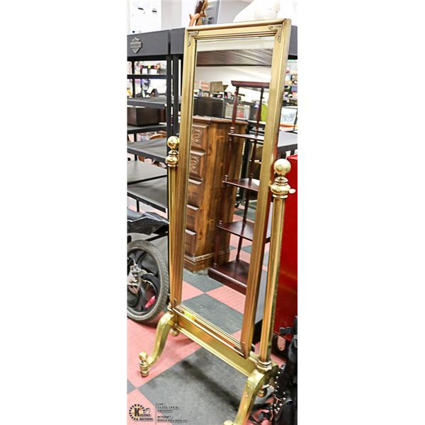 BRASS COLORED SOLID WOOD FREE STANDING MIRROR