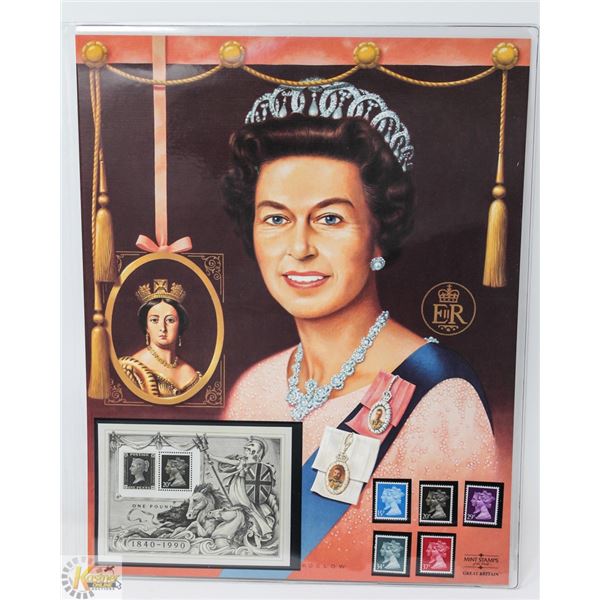 UNFRAMED ELIZABETH II PRINT WITH MINT UK STAMPS