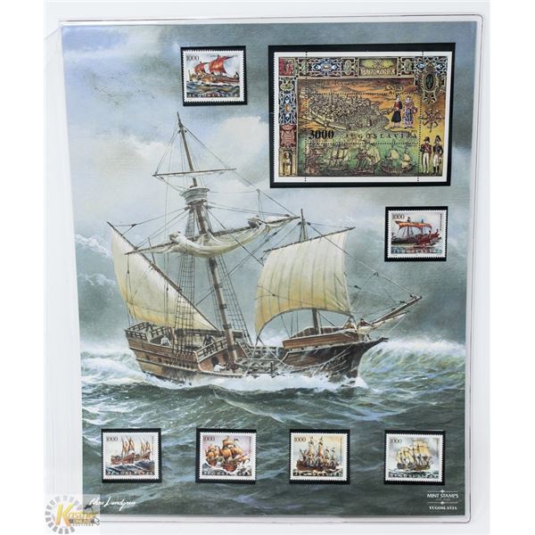 UNFRAMED SAILING SHIP PRINT W/YUGOSLAVIA STAMPS