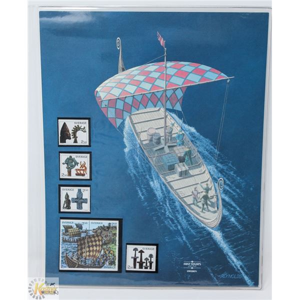 UNFRAMED SAILING SHIP PRINT WITH SWEDEN STAMPS