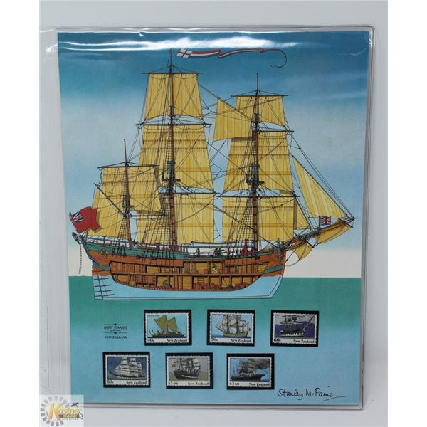 UNFRAMED SAILING SHIP PRINT W/ NEW ZEALAND STAMPS