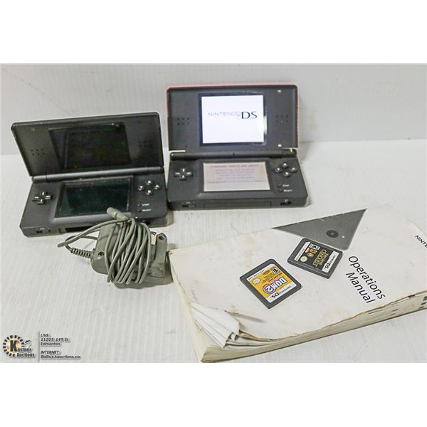 2 NINTENDO DS W/ 3 GAMES, CHARGER & MANUAL