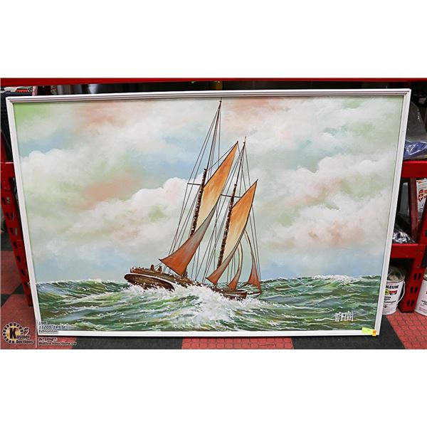 LARGE PAINTING OF SAILING SHIP AT SEA, OIL ON