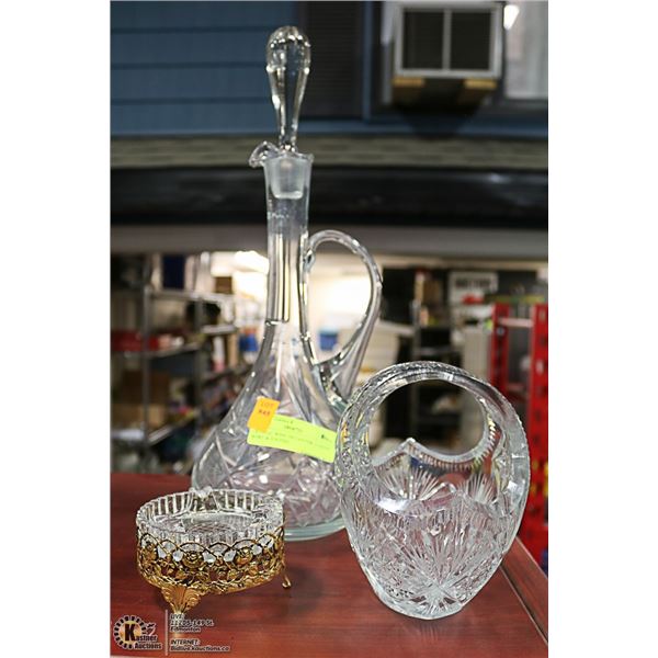 CRYSTAL WINE DECANTER, CANDY BOWL & FOOTED