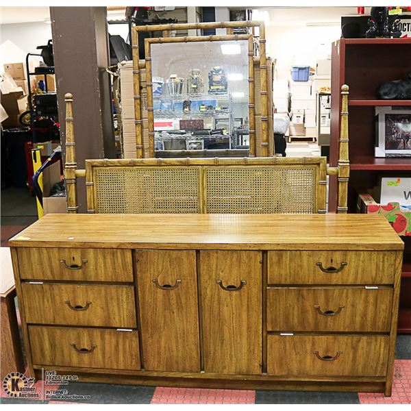 4 PIECE BEDROOM SUITE W/DOUBLE RATTAN HEADBOARD