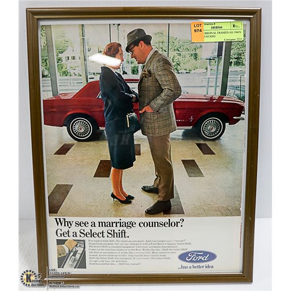 11 X 14 ORIGINAL FRAMED AD 1960'S FORD MUSTANG