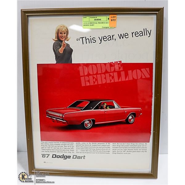 11 X 14 ORIGINAL FRAMED AD 1966 DODGE DART