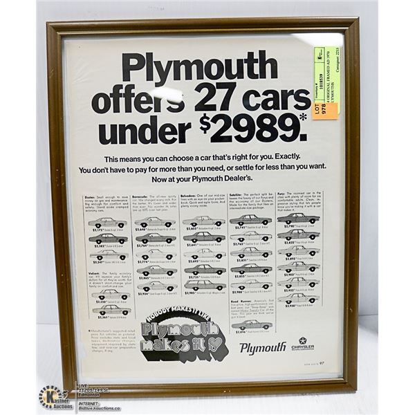 11 X 14 ORIGINAL FRAMED AD 1970 ALL PLYMOUTHS