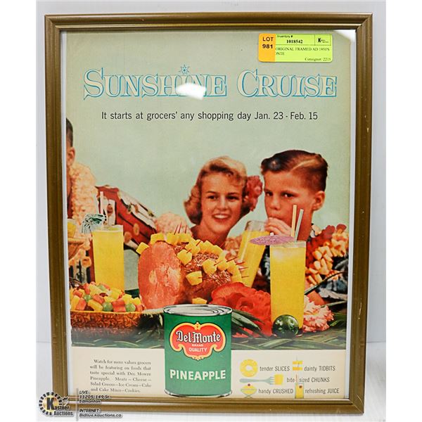 11 X 14 ORIGINAL FRAMED AD 1950'S DEL-MONTE