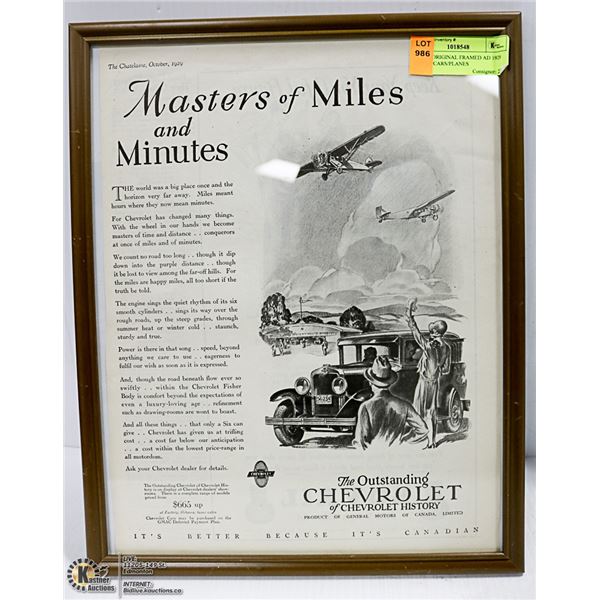 11 X 14 ORIGINAL FRAMED AD 1929 CHEVY CARS/PLANES