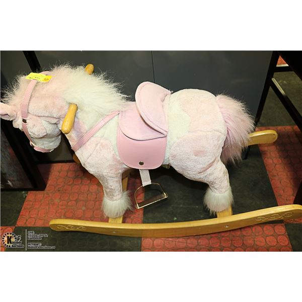 WOOD AND PLUSH PINK & WHITE ROCKING HORSE -