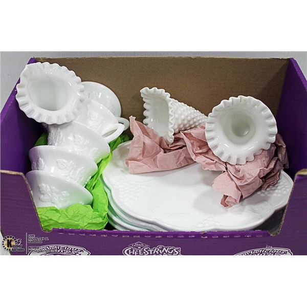 GRAPE MILK GLASS SNACK SET, PLUS 3 MILK GLASS