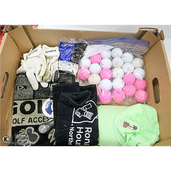 FLAT OF GOLF BALLS AND ACCESSORIES INCL. BAG OF
