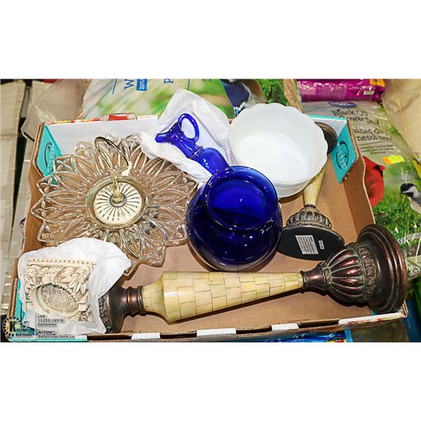 BOX WITH MILK GLASS CANDY DISH, 2 PEDESTAL