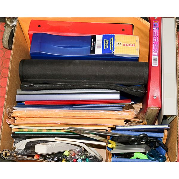 LARGE BOX OF OFFICE SUPPLIES INCL. LEATHER