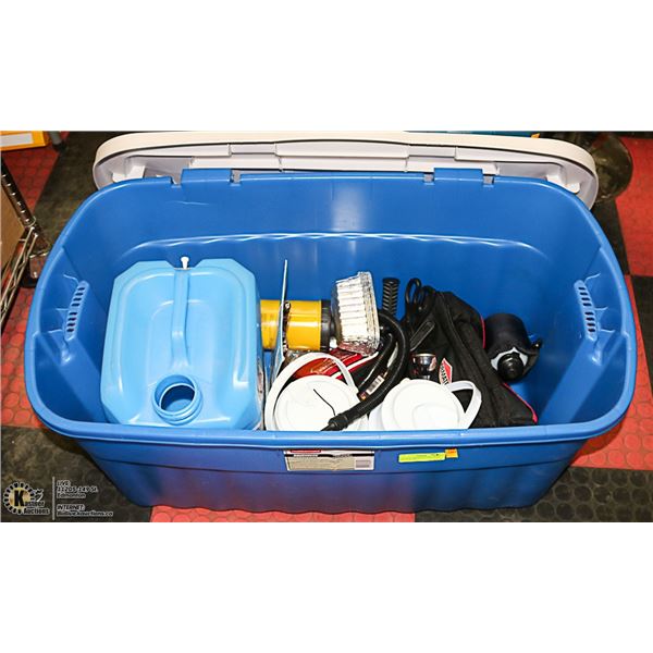 LARGE RUBBERMAID TOTE WITH LID - FULL OF