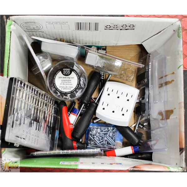 BOX OF TOOLS, LIGHTS, ELECTRICAL OUTLETS AND MORE