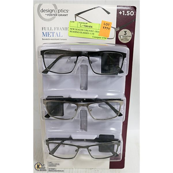 NEW SEALED 3 PK FOST. GRANT READING GLASSES +1.50