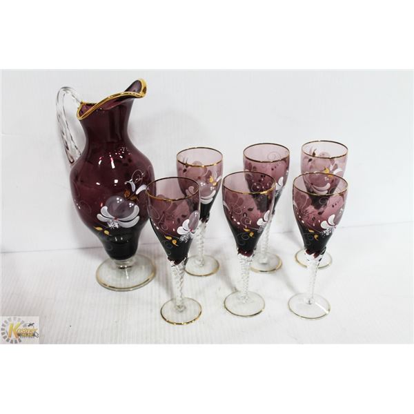 PURPLE WINE DECANTER & 6 GLASSES