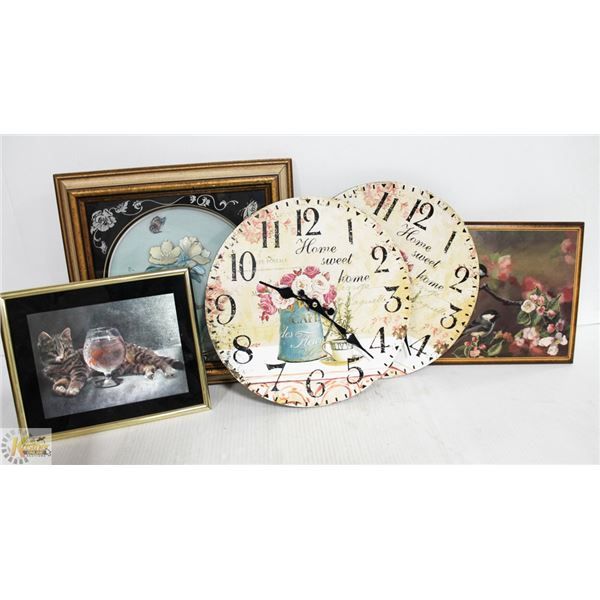 LOT OF PICTURES & HOME SWEET HOME CLOCKS
