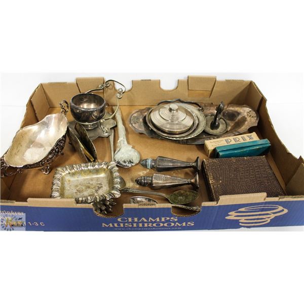 FLAT OF VINTAGE SILVER AND SILVER PLATE ORNAMENTS