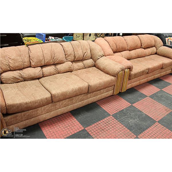 PAIR OF FABRIC & WOOD TRIM SOFAS