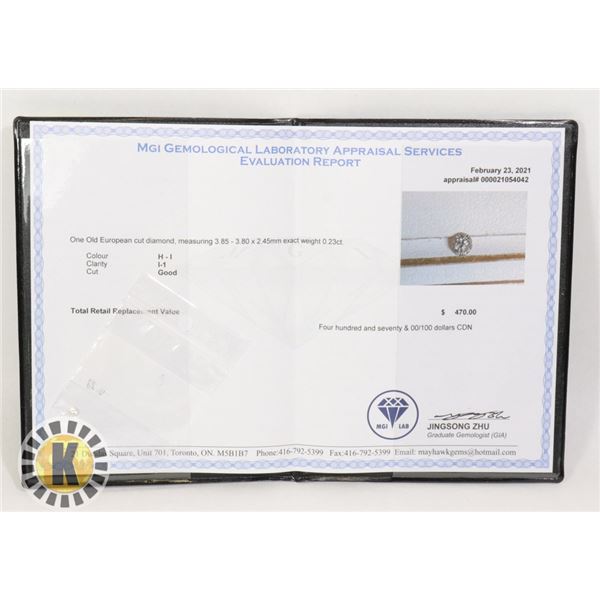 CERTIFIED .23 CARAT DIAMOND FROM GEM LAB