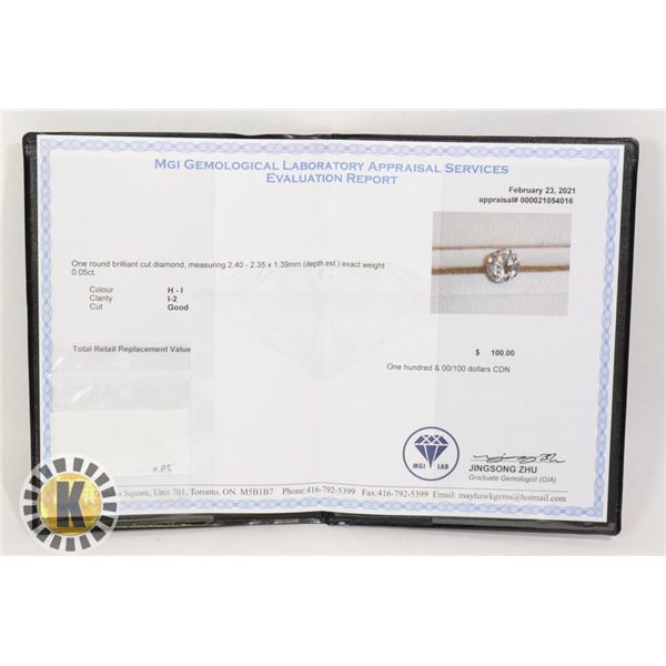 CERTIFIED .05 CARAT DIAMOND FROM GEM LAB