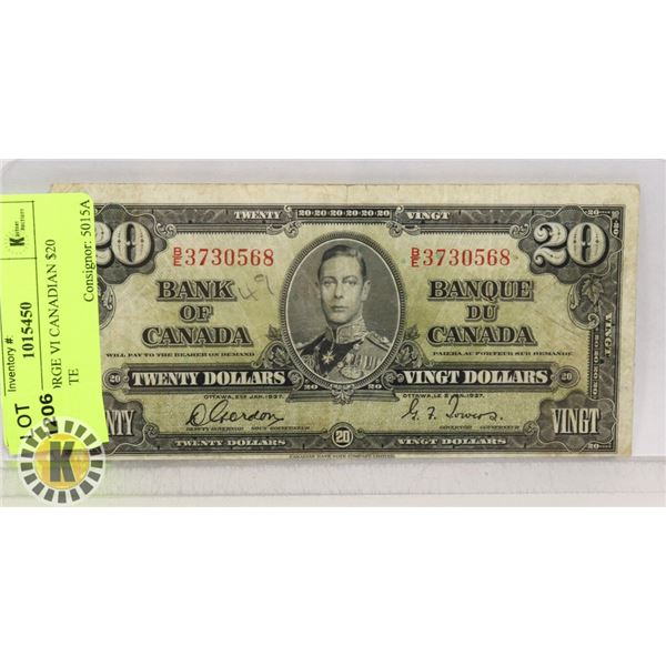 1937 GEORGE VI CANADIAN $20 BANKNOTE