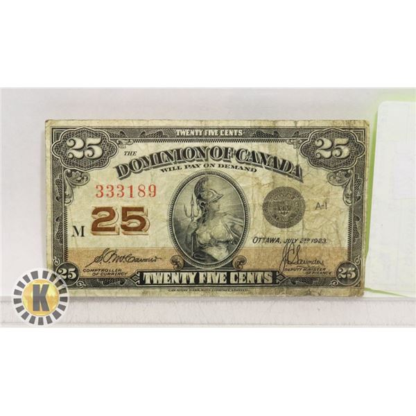 1923 DOMINION OF CANADIAN 25 CENT SHINPLASTER