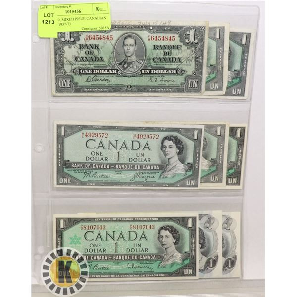 LOT OF 10, MIXED ISSUE CANADIAN $1 BILLS 1937-73