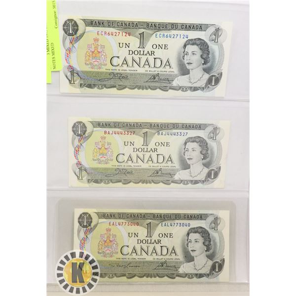 LOT OF 3 MIXED 1973 CANADIAN $1 NOTES MIXED