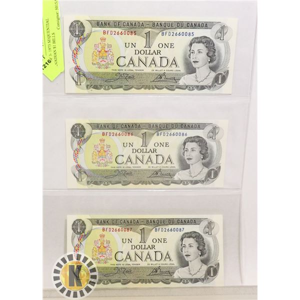 LOT OF 3- 1973 SEQUENTIAL CANADIAN $1 BILLS