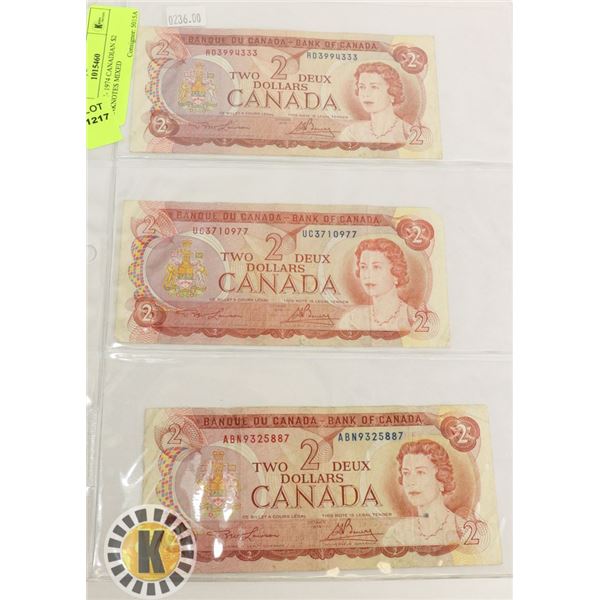 LOT OF 3- 1974 CANADIAN $2 BANKNOTES MIXED
