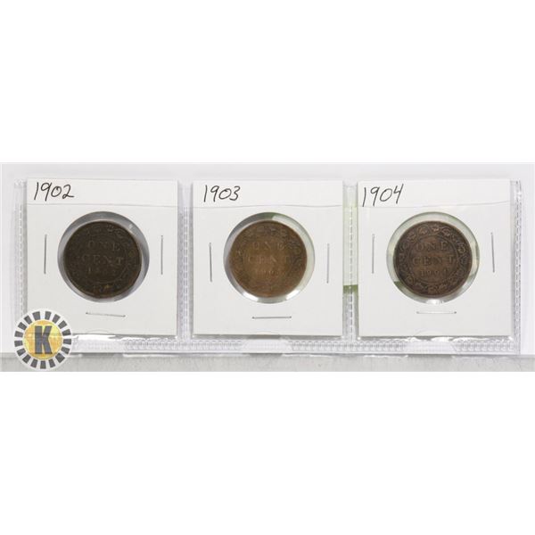 3-EDWARDIAN CANADIAN LARGE CENT COINS 1902-1904