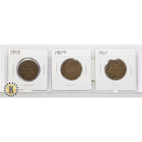 3-EDWARDIAN CANADIAN LARGE CENT COINS 1908-1910